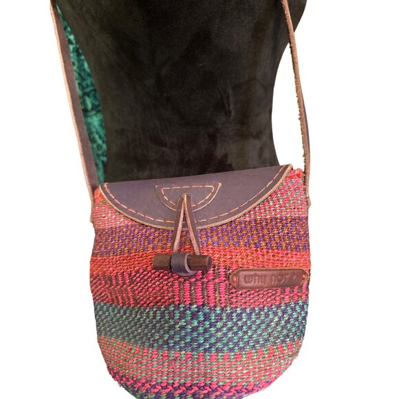 💖Colorful Handwoven Shoulder Bag With Leather Accents Why Not Brand - 8" Height - Picture 2 of 7